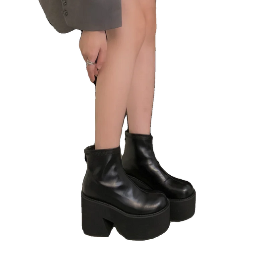 Black Boots Rock Shoes Woman Round Toe Crossdresser Zipper Riding Rubber Autumn Punk Mid-Calf Mid Calf Lolita High Heel Ladies R