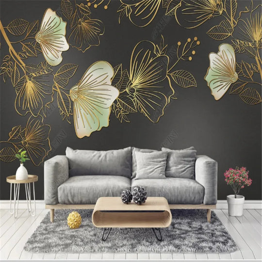 Modern Light Luxury Wallpaper for Living Room Golden Line Flower Nordic TV Sofa Background Wall Paper Home Decor Mural 3D