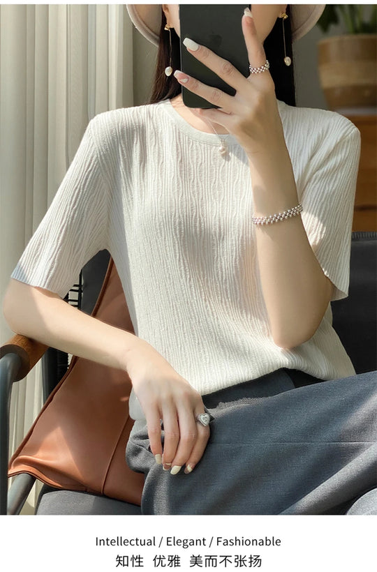 Summer Ice Silk Short Sleeve T-Shirt Female Joker Solid Color Ladies Pullover Loose Thin Round Neck Sweater To Wear Outside