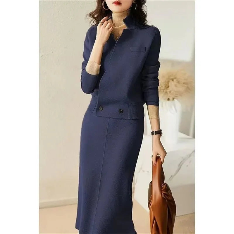 High Quality Autumn Wear With Complete Set 2023 New Fashion Lady Jacket Skirt Winter Knit Two-Piece Set Sweater+Pant Suits Navy