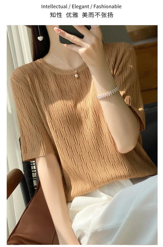 Summer Ice Silk Short Sleeve T-Shirt Female Joker Solid Color Ladies Pullover Loose Thin Round Neck Sweater To Wear Outside