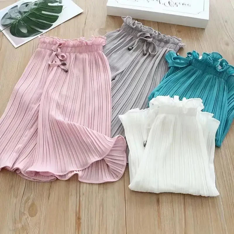 Childen's Girls Summer Ice Silk Wide Leg Pants Baby Fashion Lace Chiffon Waist Flare Trousers Kids Girl Loose Buttom Clothes