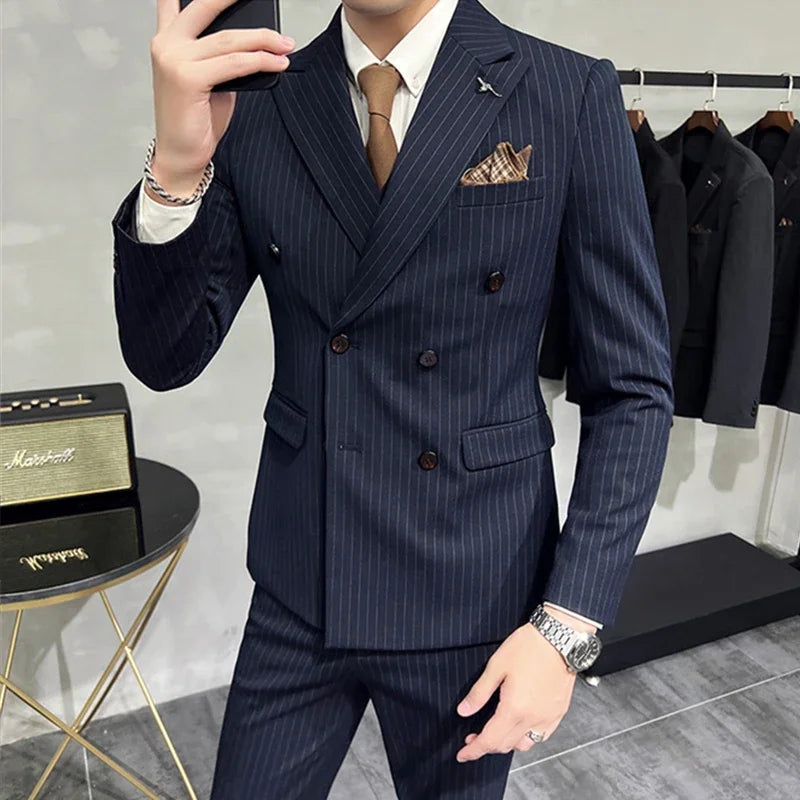 2023 Fashion New Men's Boutique Business Slim Wedding Striped Double Breasted Suit Blazers Jacket Pants Trousers Vest 3 Pcs Set