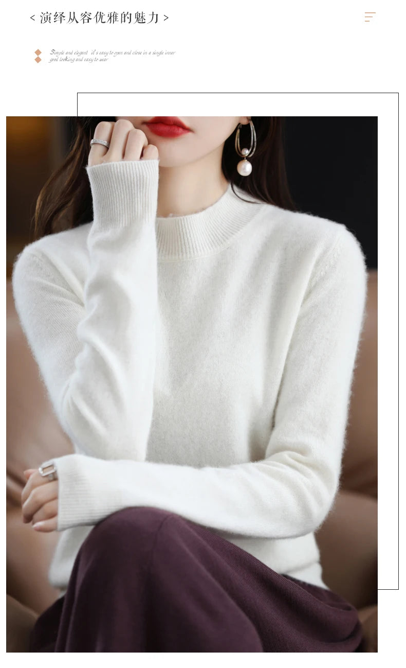 Autumn And Winter Women's Pullover 100% Pure Wool Seamless Ready-To-Wear Semi-High Collar Skin-Friendly Fashion Knitted Sweater