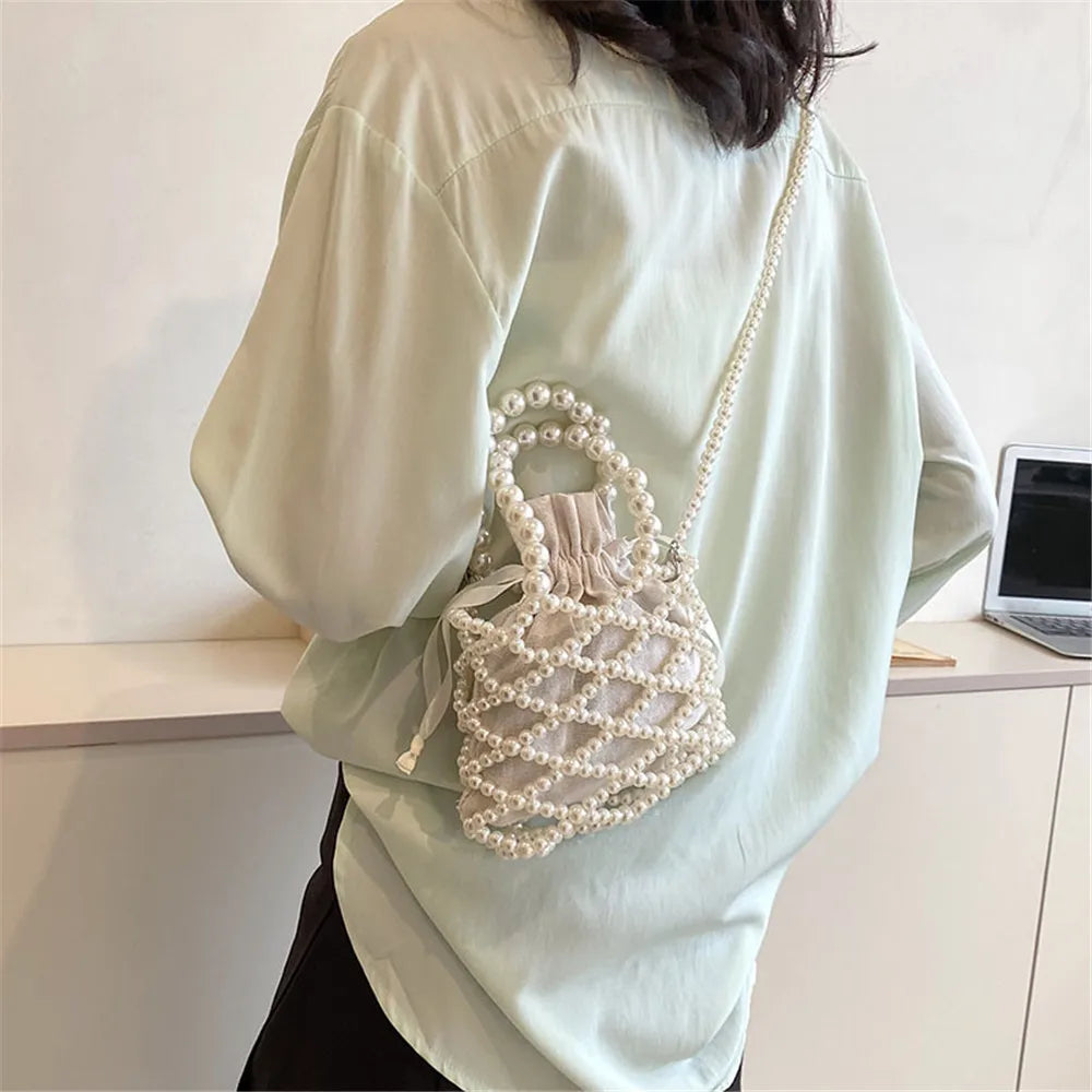 Personalized Fashion Pearl Crossbody Bag Women'S Hollow Woven Shoulder Bags Girls Handbag Tote Bag Portable Femiminas Bag