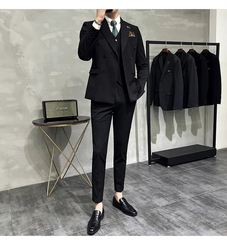 2023 Fashion New Men's Boutique Business Slim Wedding Striped Double Breasted Suit Blazers Jacket Pants Trousers Vest 3 Pcs Set