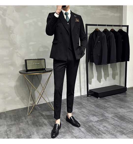 2023 Fashion New Men's Boutique Business Slim Wedding Striped Double Breasted Suit Blazers Jacket Pants Trousers Vest 3 Pcs Set