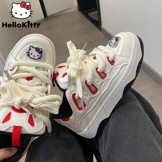 Sanrio Cartoon Hello Kitty Sneakers Women Thick Sole Bread Shoes Y2k Preppy Cute Casual Sport Shoes Student Skate Shoes New 2023