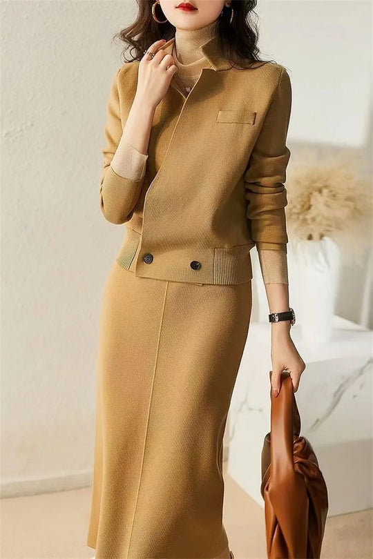 High Quality Autumn Wear With Complete Set 2023 New Fashion Lady Jacket Skirt Winter Knit Two-Piece Set Sweater+Pant Suits Navy