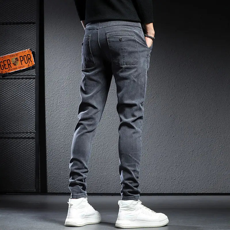 Autumn winter 2022 elastic waist thicken fleece jeans for men Slim fit small feet Korean fashion casual pants for men Long pants