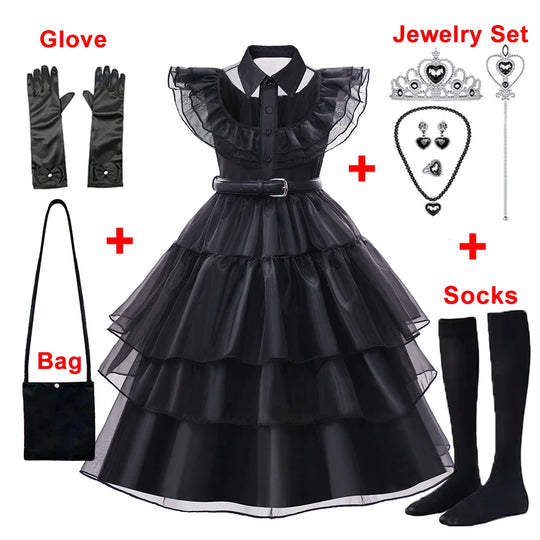 Halloween Black Costume for 3-12T Girl Carnival Events Cosplay Dress Fashion Gothic Vestido Kids Evening Party Clothes