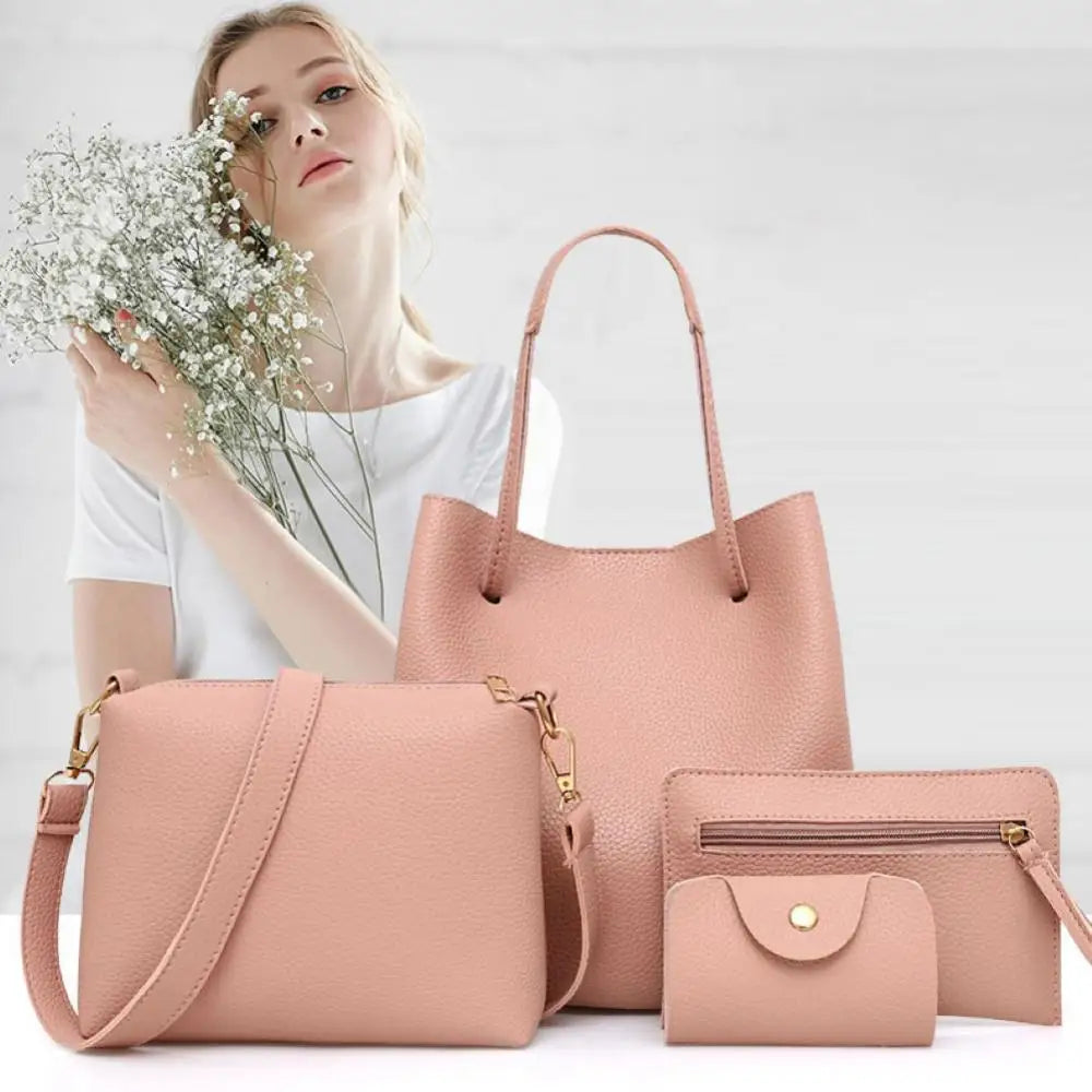 4Pcs Women Fashion Solid Color Soft Faux Leather Shoulder Bag Handbag Purse Set