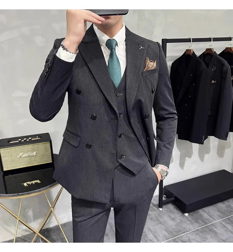 2023 Fashion New Men's Boutique Business Slim Wedding Striped Double Breasted Suit Blazers Jacket Pants Trousers Vest 3 Pcs Set