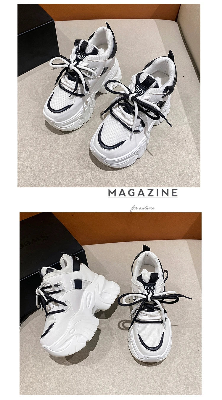 10.5CM Women Platform Sneakers Lace-up Autumn Sports Dad Shoes High Top Chunky Casual Shoes Woman Thick Bottom Mesh White Shoes