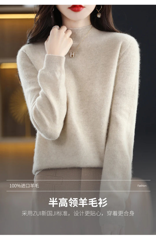 Autumn And Winter Women's Pullover 100% Pure Wool Seamless Ready-To-Wear Semi-High Collar Skin-Friendly Fashion Knitted Sweater