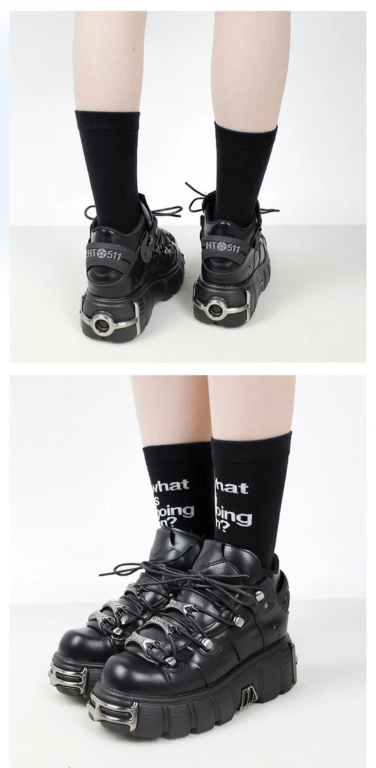 2024 NEW Punk Style Women Shoes Lace-up heel height 6CM Platform Shoes Woman Gothic Ankle Rock Boots Metal Decor Woman Sneakers