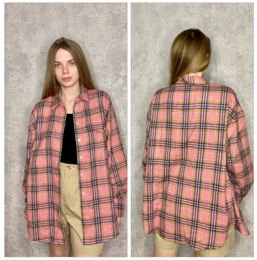 Mnealways18 Pink Plaid Shirts And Tops Women Street Wear Gingham Casual Long Sleeve Top Single-Breasted Oversize Shirt Ladies