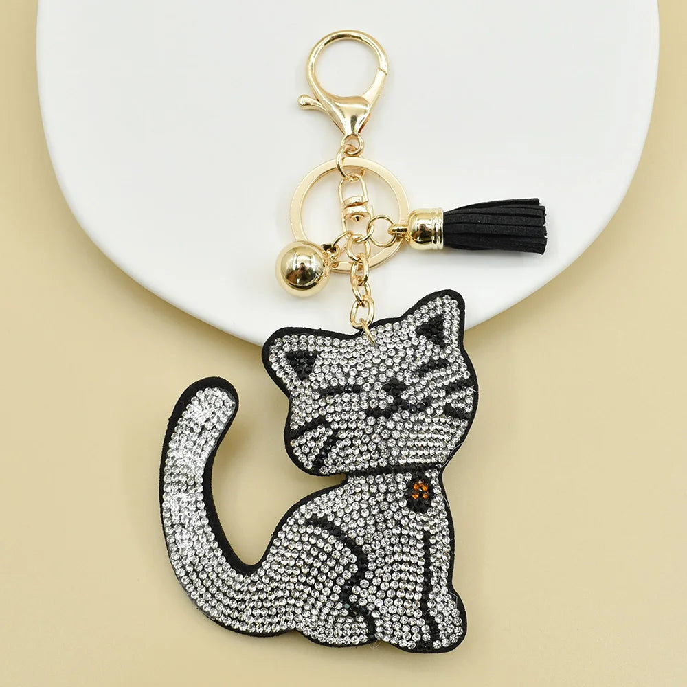 YLWHJJ Brand new Cute Rhinestone Cat Keychain For Women Bag Pendant Tassel kitten Dogs fish Key chain Fashion Jewelry key ring