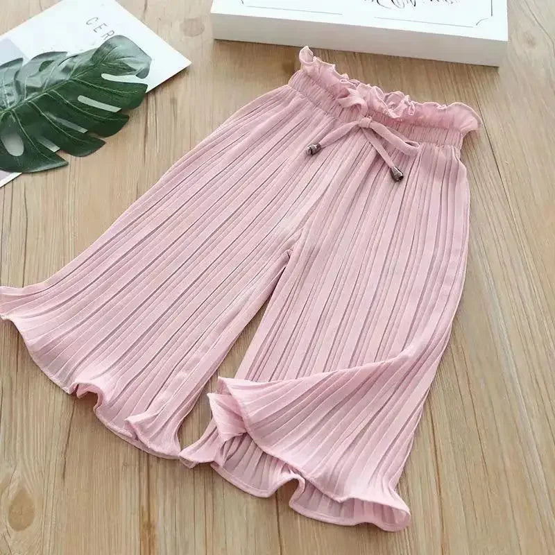 Childen's Girls Summer Ice Silk Wide Leg Pants Baby Fashion Lace Chiffon Waist Flare Trousers Kids Girl Loose Buttom Clothes