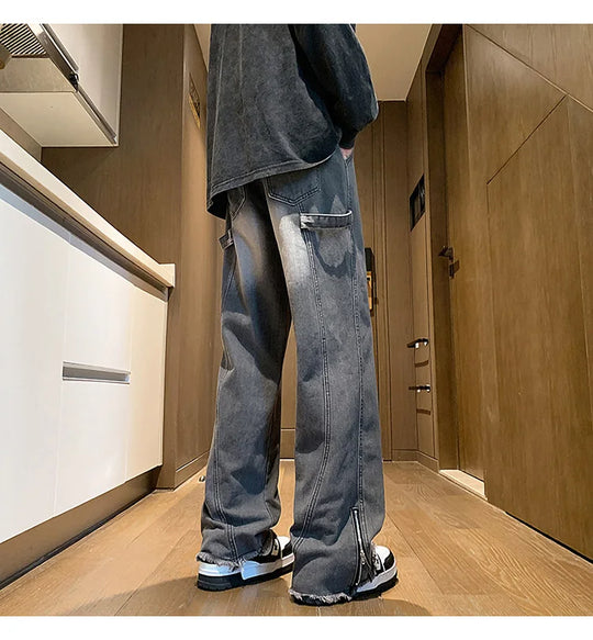 2024 Spring New Fashion Side Zipper Casual Jean Pants Men High Street Loose Straight Pant Mens Vintage All-match Trousers