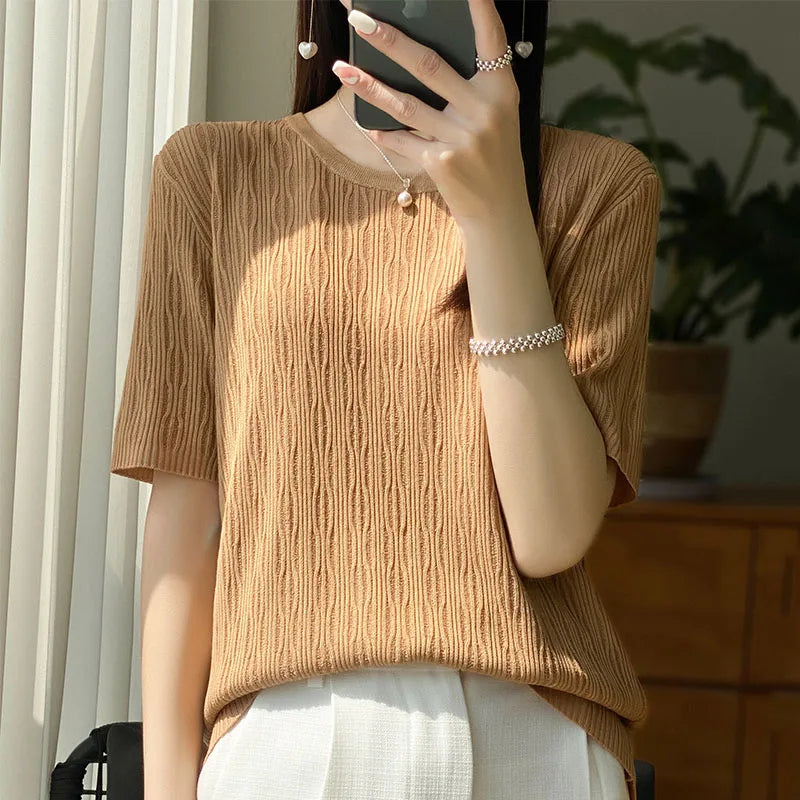 Summer Ice Silk Short Sleeve T-Shirt Female Joker Solid Color Ladies Pullover Loose Thin Round Neck Sweater To Wear Outside