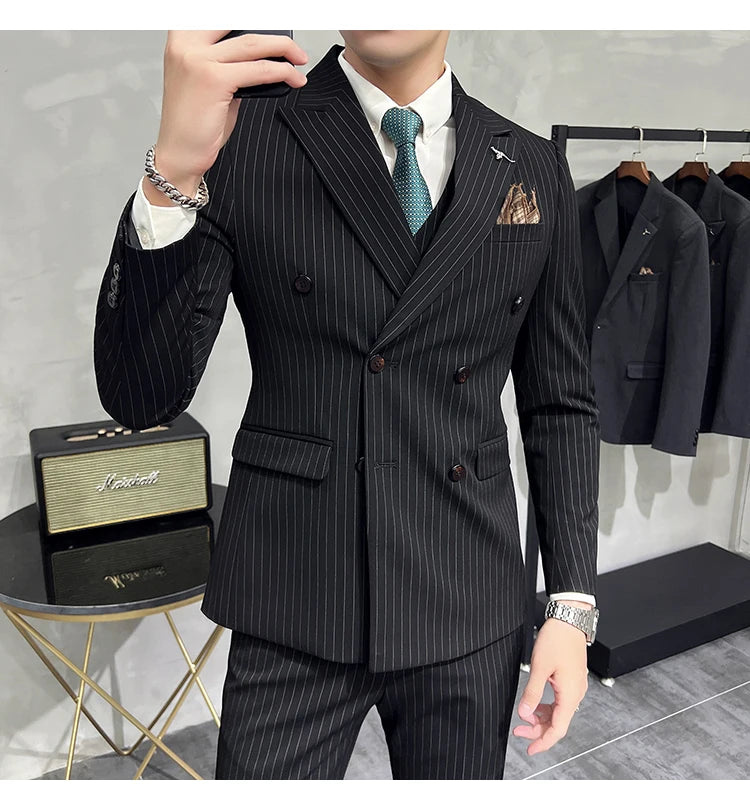 2023 Fashion New Men's Boutique Business Slim Wedding Striped Double Breasted Suit Blazers Jacket Pants Trousers Vest 3 Pcs Set