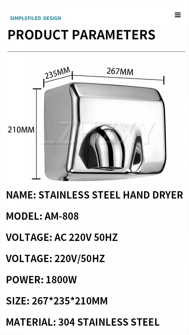 1800W Automatic Hand Dryer Bathroom Appliances Fast Dry stainless steel automatic sensor electric hand dryer Machine