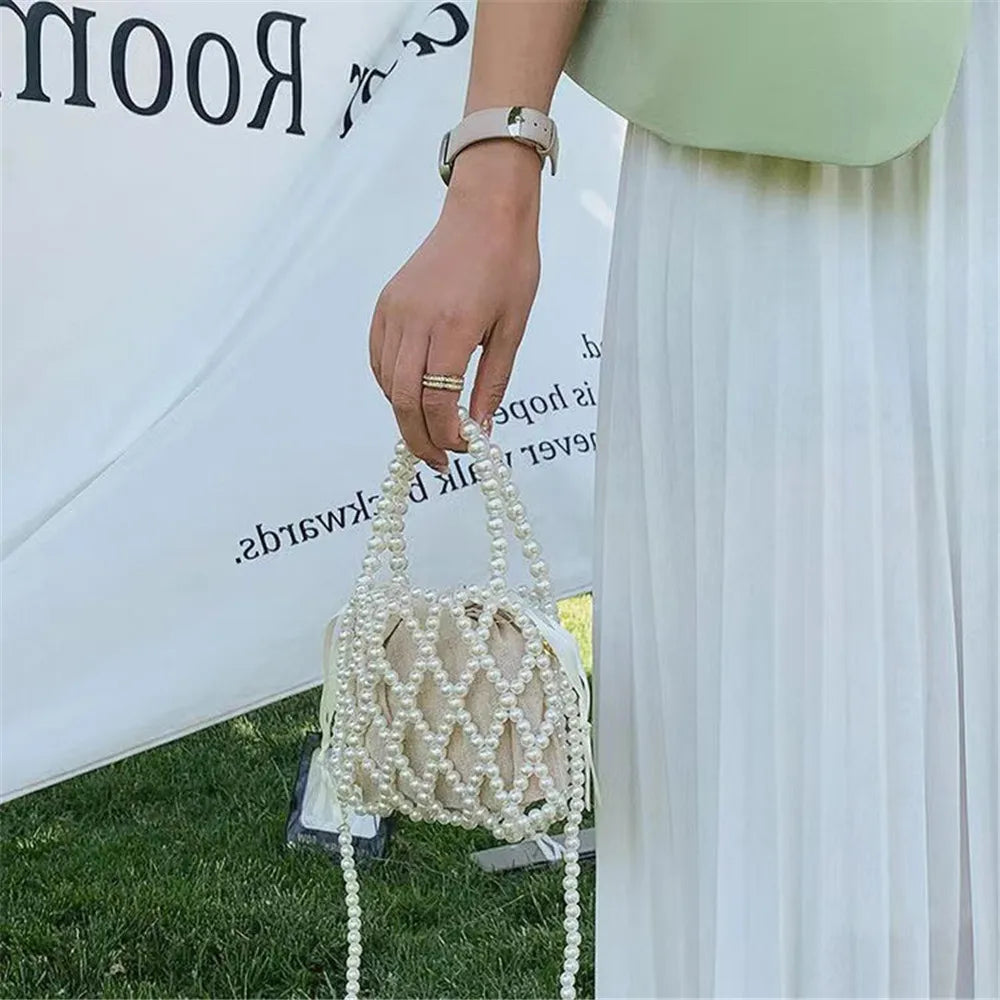 Personalized Fashion Pearl Crossbody Bag Women'S Hollow Woven Shoulder Bags Girls Handbag Tote Bag Portable Femiminas Bag