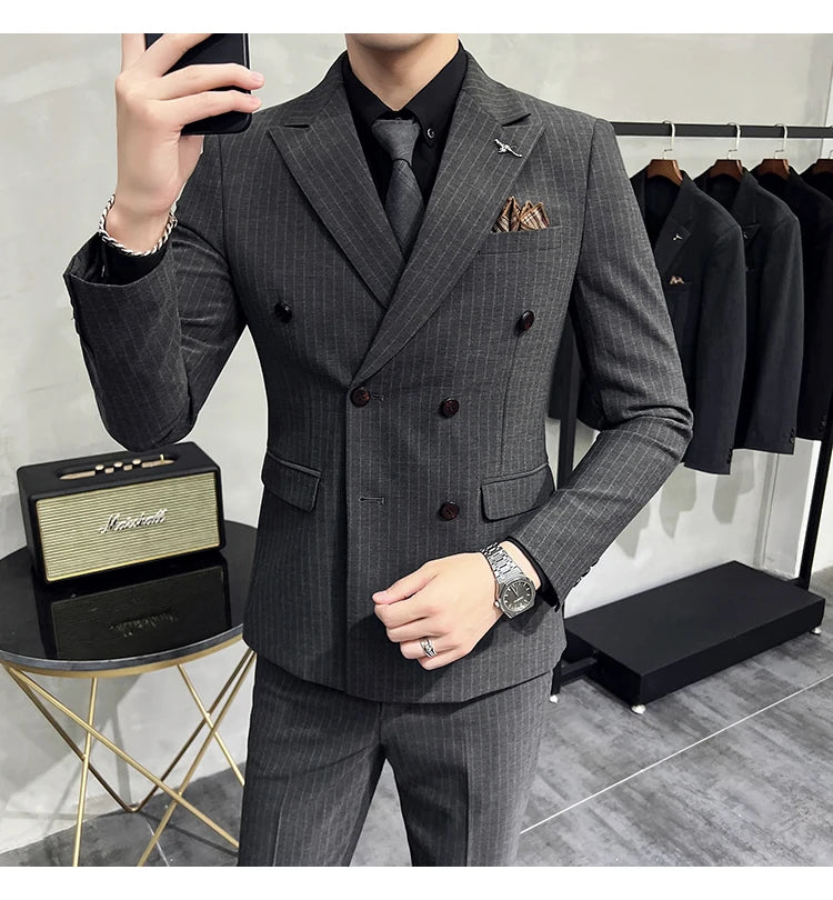 2023 Fashion New Men's Boutique Business Slim Wedding Striped Double Breasted Suit Blazers Jacket Pants Trousers Vest 3 Pcs Set