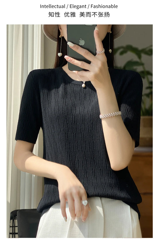 Summer Ice Silk Short Sleeve T-Shirt Female Joker Solid Color Ladies Pullover Loose Thin Round Neck Sweater To Wear Outside