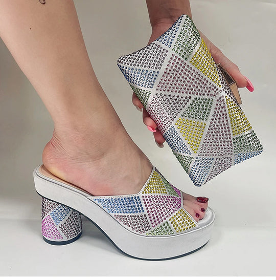 Fashion Italian Designers 2023 Luxury Elegant Patchwork Clutch Bag Bright Diamond Summer party Women's Platfrom High Heels Shoes