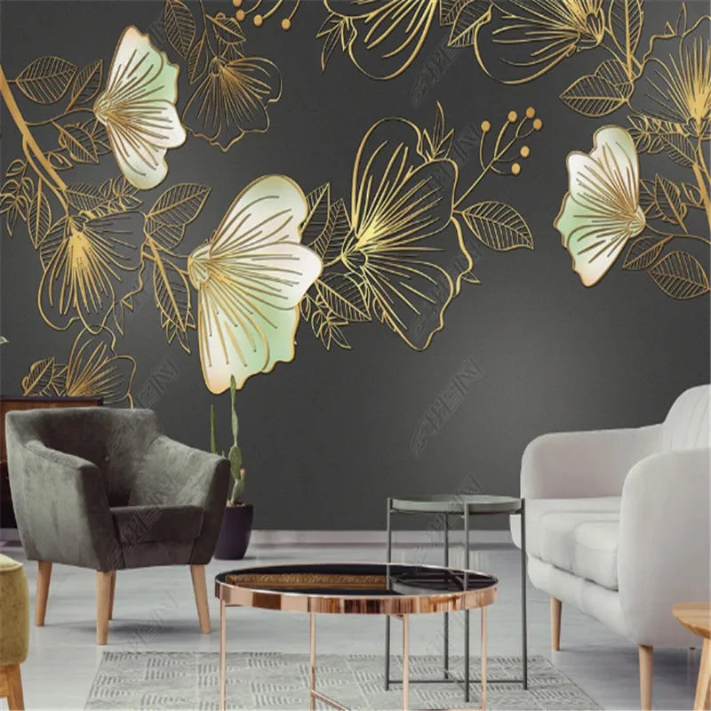 Modern Light Luxury Wallpaper for Living Room Golden Line Flower Nordic TV Sofa Background Wall Paper Home Decor Mural 3D