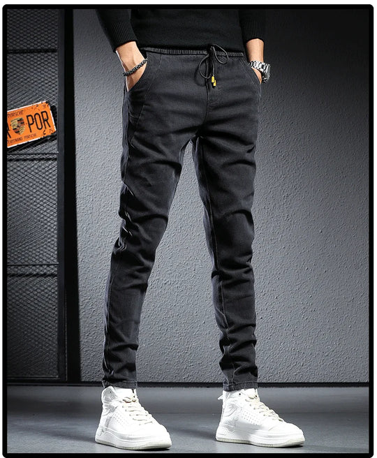 Autumn winter 2022 elastic waist thicken fleece jeans for men Slim fit small feet Korean fashion casual pants for men Long pants