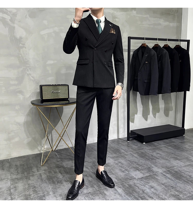 2023 Fashion New Men's Boutique Business Slim Wedding Striped Double Breasted Suit Blazers Jacket Pants Trousers Vest 3 Pcs Set