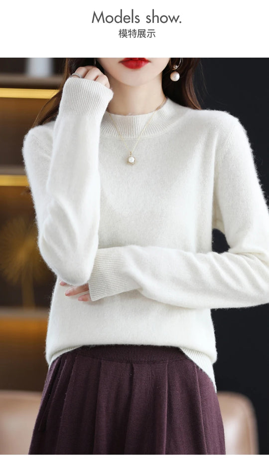 Autumn And Winter Women's Pullover 100% Pure Wool Seamless Ready-To-Wear Semi-High Collar Skin-Friendly Fashion Knitted Sweater