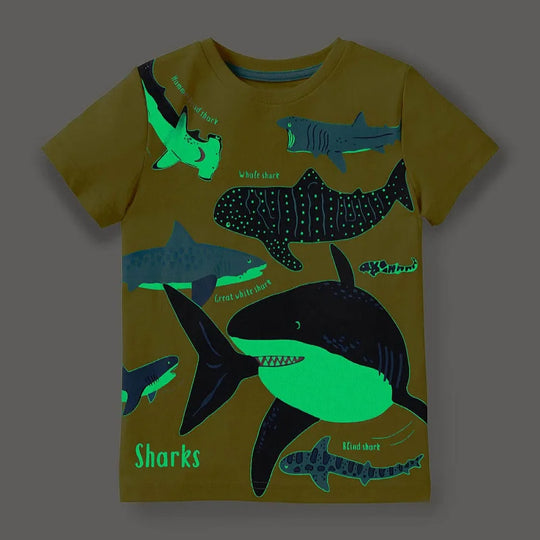 2024 Summer New Fashion Children Luminous Dinosaurs Shark Cartoon T-shirt Boys Shirt Jumper Top Kids Clothes