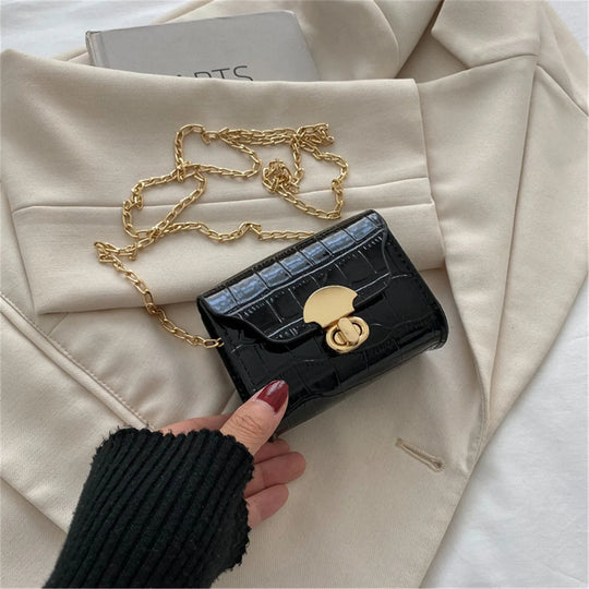 Korean Style Leather Bright Surface Shoulder Bag Chain Mini Crossbody Bag Fashion Metal Buckle Girl Small Wallet Lipstick Pouch