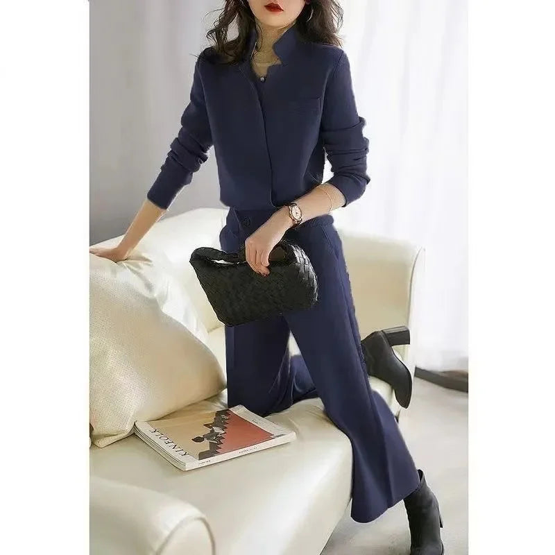 High Quality Autumn Wear With Complete Set 2023 New Fashion Lady Jacket Skirt Winter Knit Two-Piece Set Sweater+Pant Suits Navy