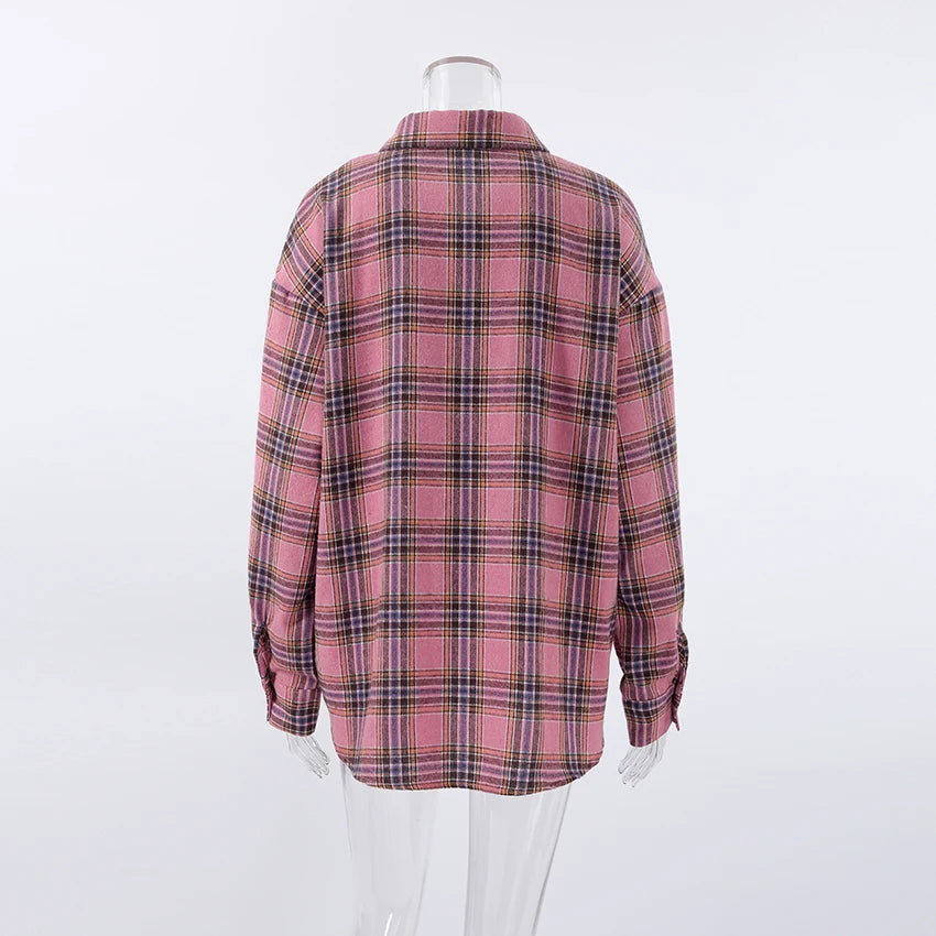 Mnealways18 Pink Plaid Shirts And Tops Women Street Wear Gingham Casual Long Sleeve Top Single-Breasted Oversize Shirt Ladies