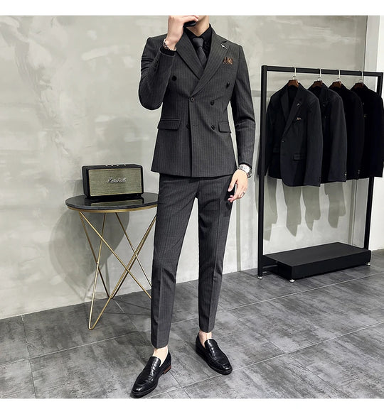 2023 Fashion New Men's Boutique Business Slim Wedding Striped Double Breasted Suit Blazers Jacket Pants Trousers Vest 3 Pcs Set