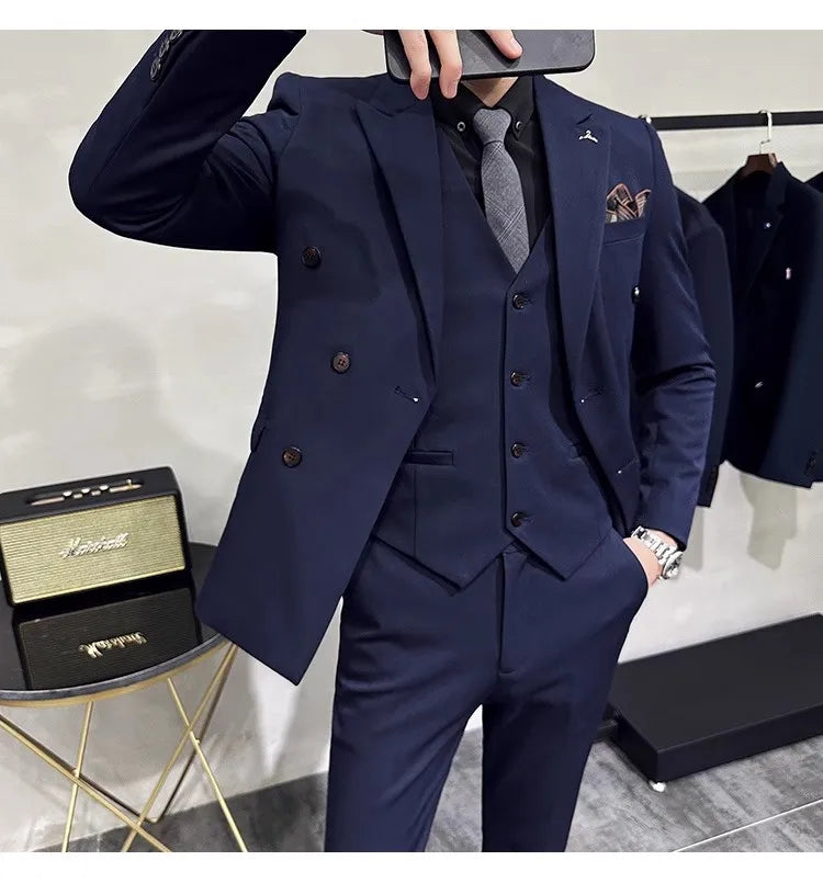 2023 Fashion New Men's Boutique Business Slim Wedding Striped Double Breasted Suit Blazers Jacket Pants Trousers Vest 3 Pcs Set