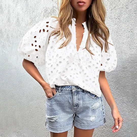 Eyelet Embroidered Shirt White Lace Blouse Hollow Out Loose Fit Top Wear Women's Summer Clothing