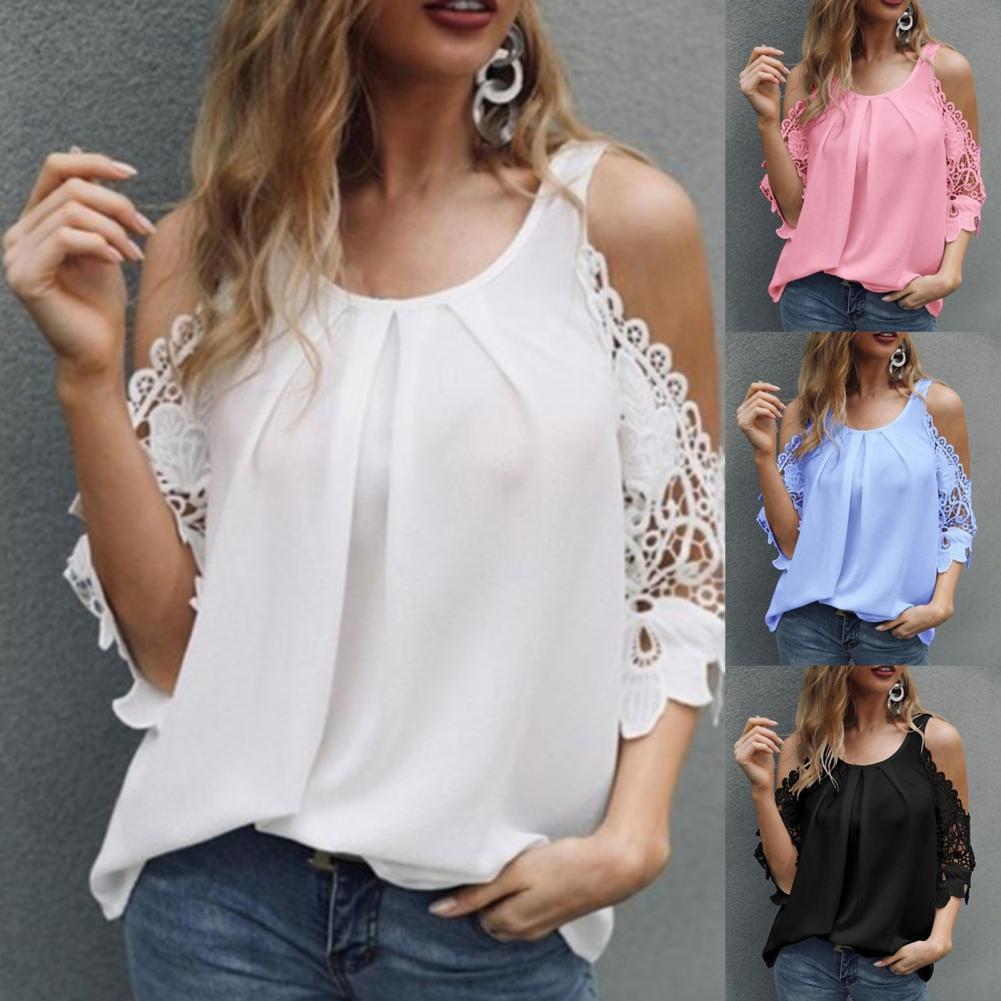 O Neck Ladies Tops Off Shoulder Hollow Lace Sleeves Blouse Summer Loose Pure Color Sexy Women Shirt Streetwear for Daily Wear