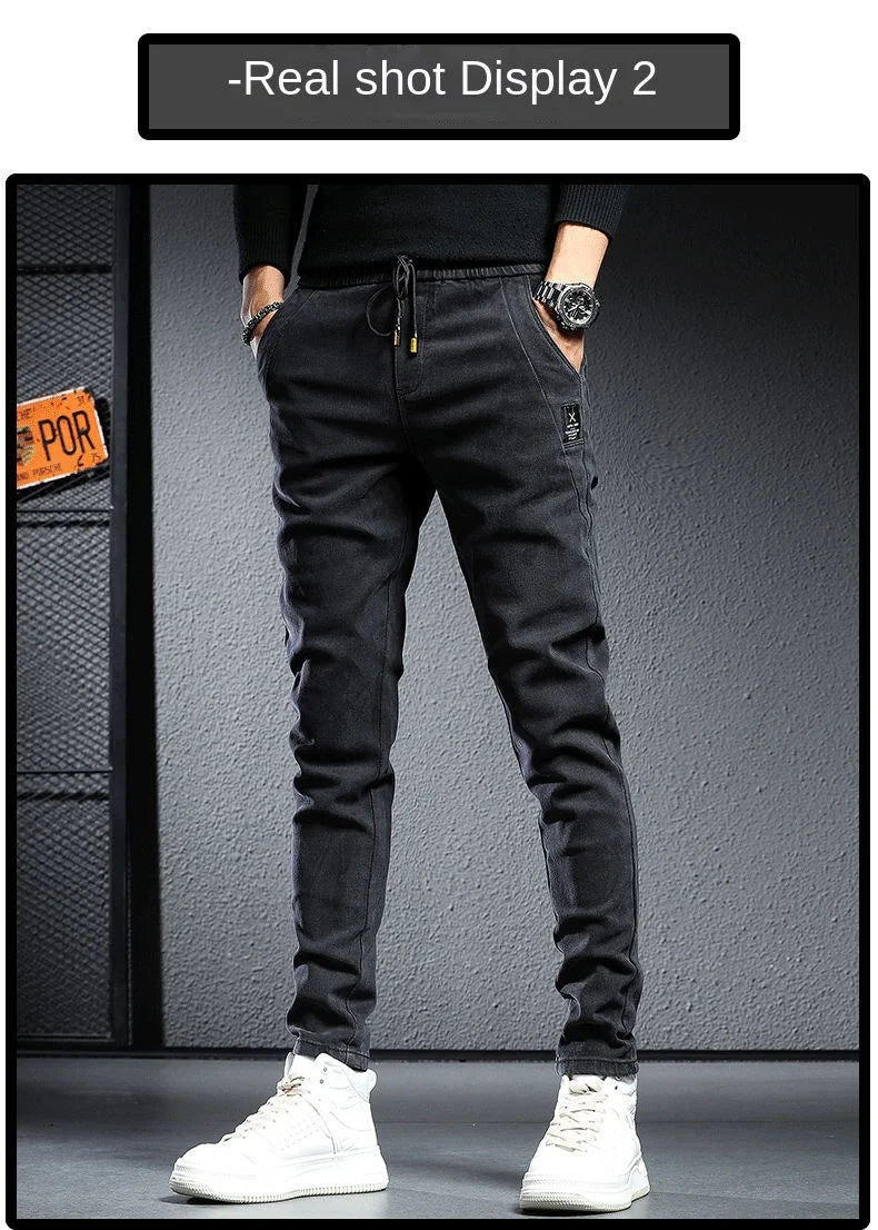 Autumn winter 2022 elastic waist thicken fleece jeans for men Slim fit small feet Korean fashion casual pants for men Long pants