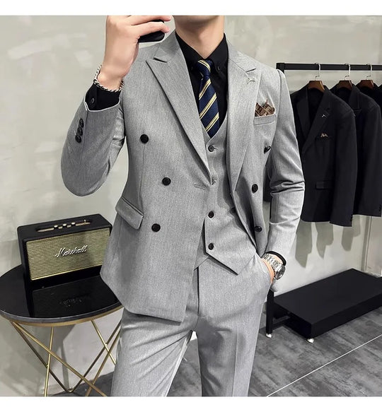 2023 Fashion New Men's Boutique Business Slim Wedding Striped Double Breasted Suit Blazers Jacket Pants Trousers Vest 3 Pcs Set