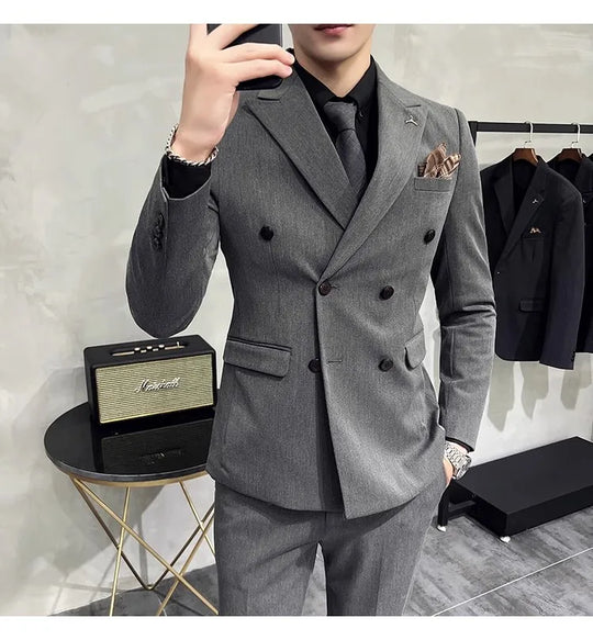 2023 Fashion New Men's Boutique Business Slim Wedding Striped Double Breasted Suit Blazers Jacket Pants Trousers Vest 3 Pcs Set