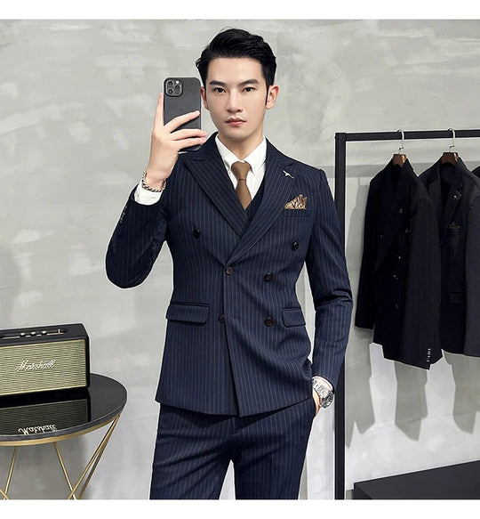 2023 Fashion New Men's Boutique Business Slim Wedding Striped Double Breasted Suit Blazers Jacket Pants Trousers Vest 3 Pcs Set