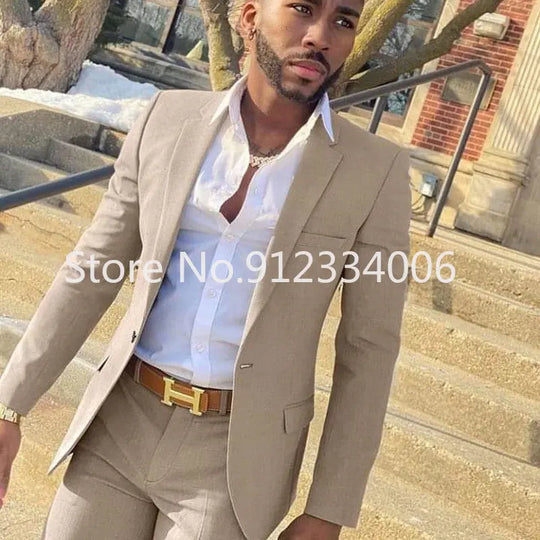 2 Pieces Beige Suit for Men Slim Fit Wedding Groom Tuxedo Groomsmen Suits Male Fashion Smoking Costume Homme Blazer with Pants