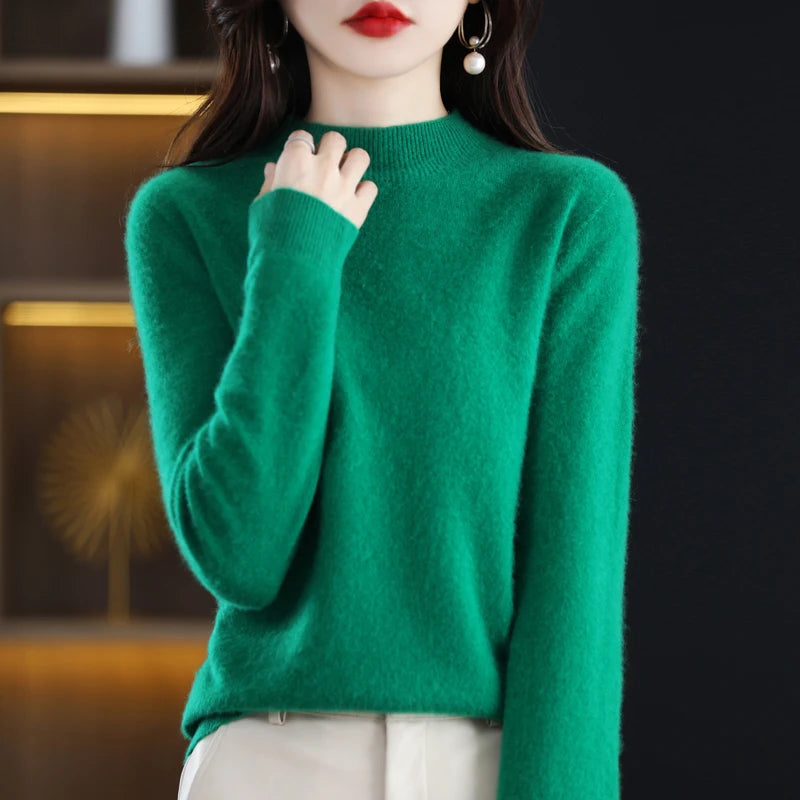 Autumn And Winter Women's Pullover 100% Pure Wool Seamless Ready-To-Wear Semi-High Collar Skin-Friendly Fashion Knitted Sweater