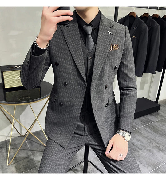 2023 Fashion New Men's Boutique Business Slim Wedding Striped Double Breasted Suit Blazers Jacket Pants Trousers Vest 3 Pcs Set